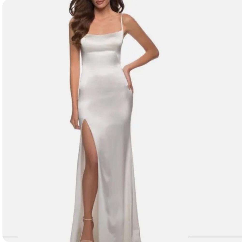 Gorgeous La Femme White Gown with slit! Size 8